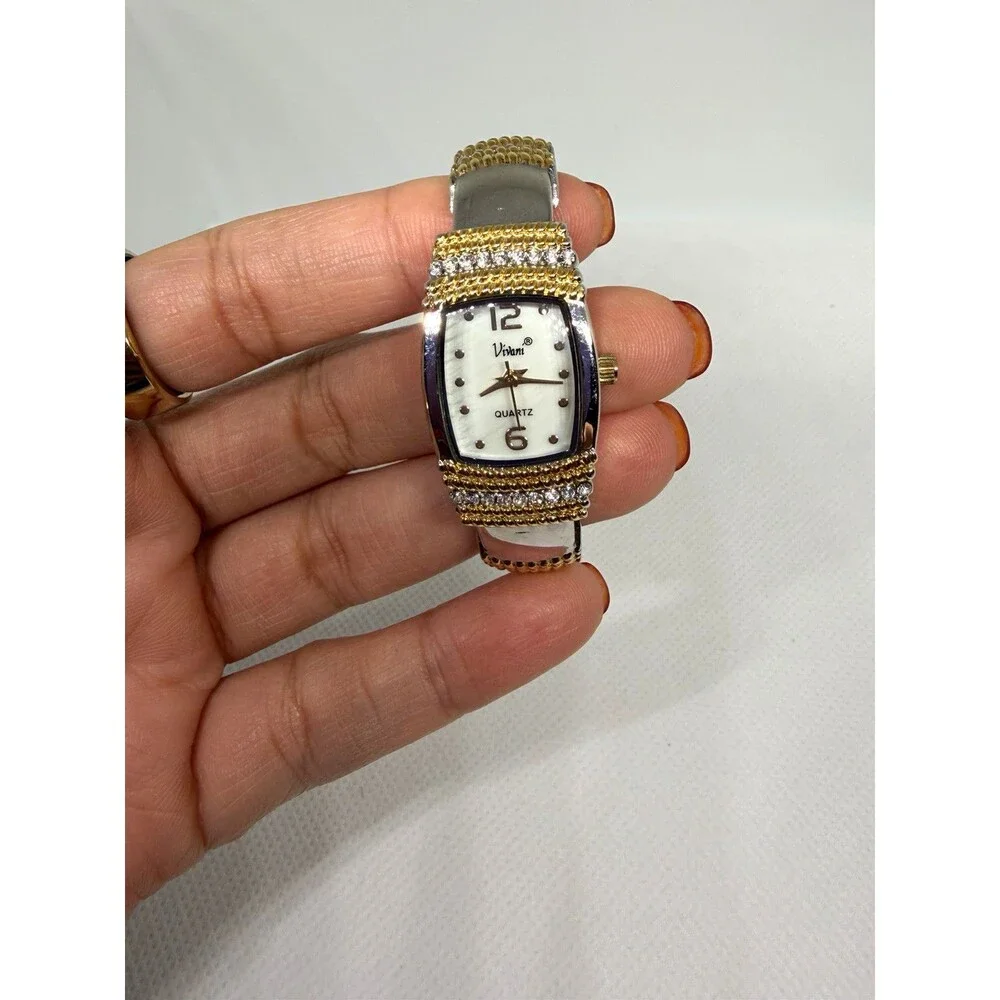 Vivani Quartz Bangle Watch Silver & Gold Tone Rhinestone Accent Women’s Watch